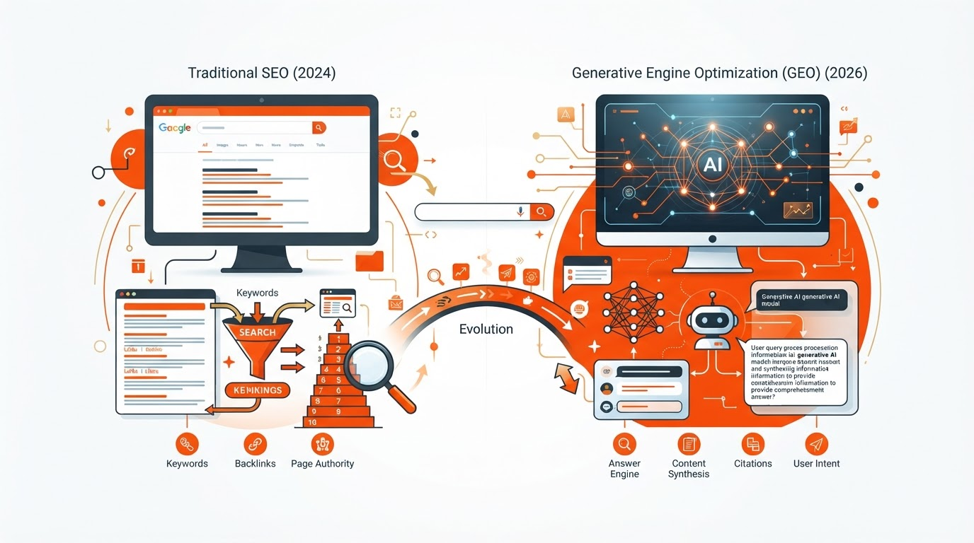 Traditional SEO (2024) versus Generative Engine Optimization GEO (2026) — from rankings and keywords to AI citations and answer engines