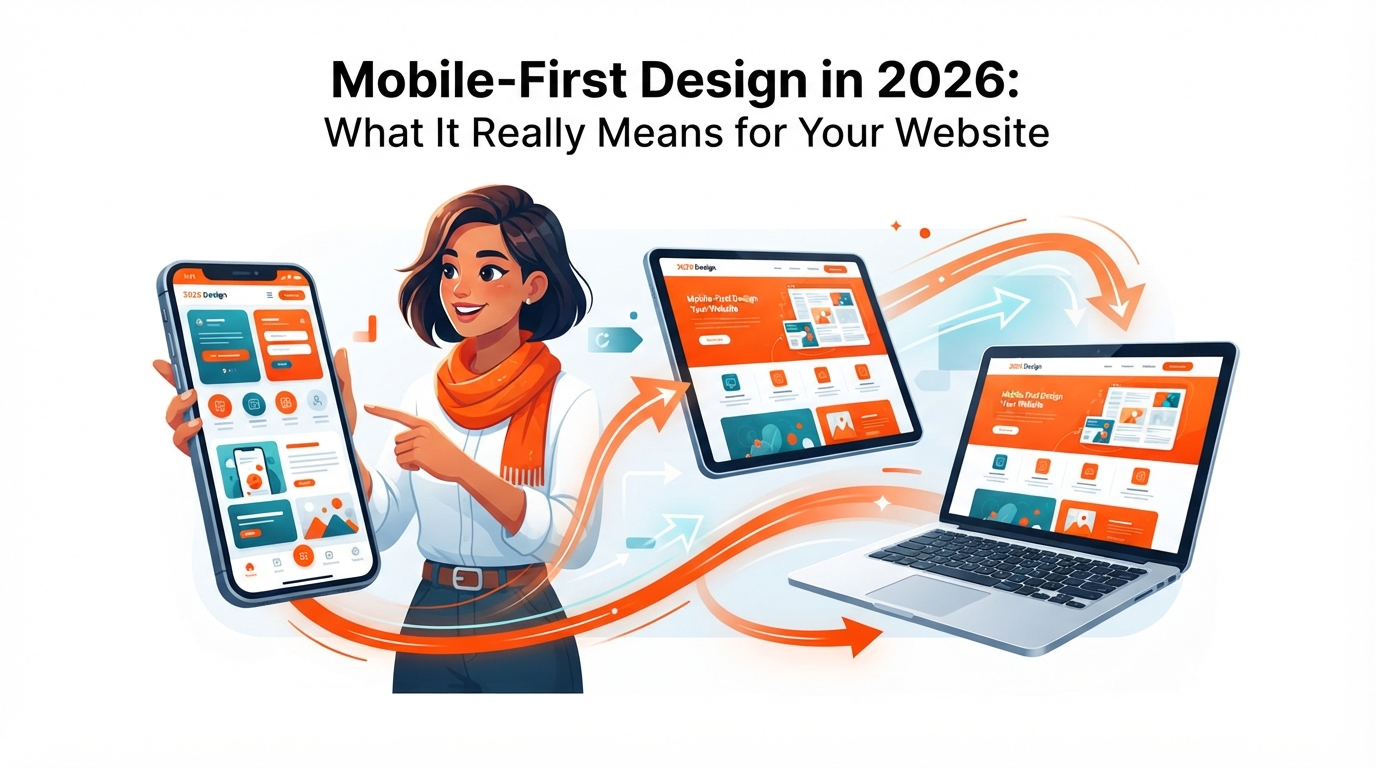 Mobile-first design benefits — faster experience, better usability, and higher conversions, scaling from phone to tablet and laptop
