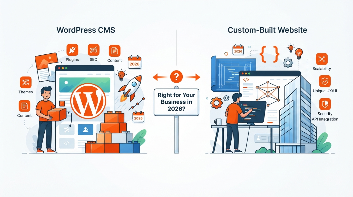 WordPress CMS assembly with plugins and themes versus a custom-built website engineered for scalability, UX, and security in 2026